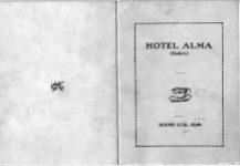 This front cover of a menu from the Hotel Alma shows rooms reduced in price from $1.50-$2.00 to $1.00 and $1.50. Menu courtesy Ervan Stuewe.