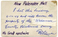 Reverse of postcard of the Commercial National Bank with Fred C. Palenske's handwritten, signed note.
